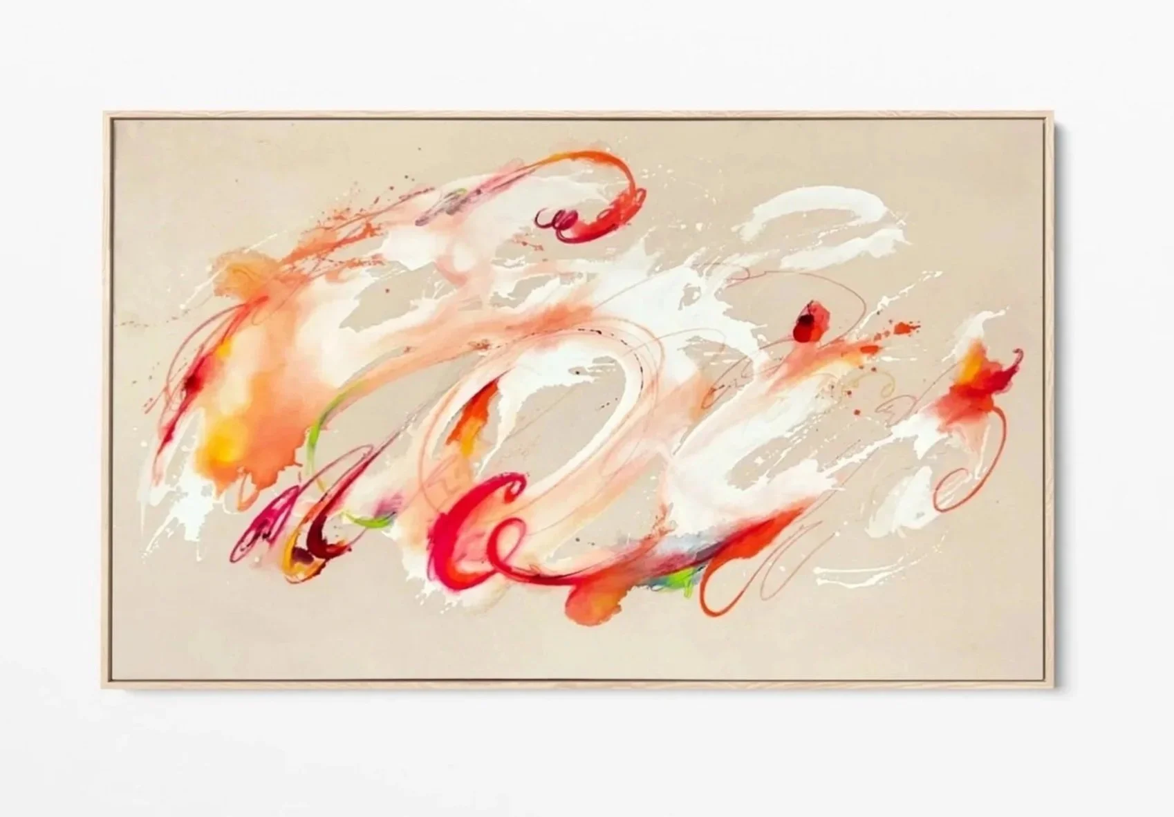 Abstract watercolor painting with red, orange, yellow, green, and white swirls on light background