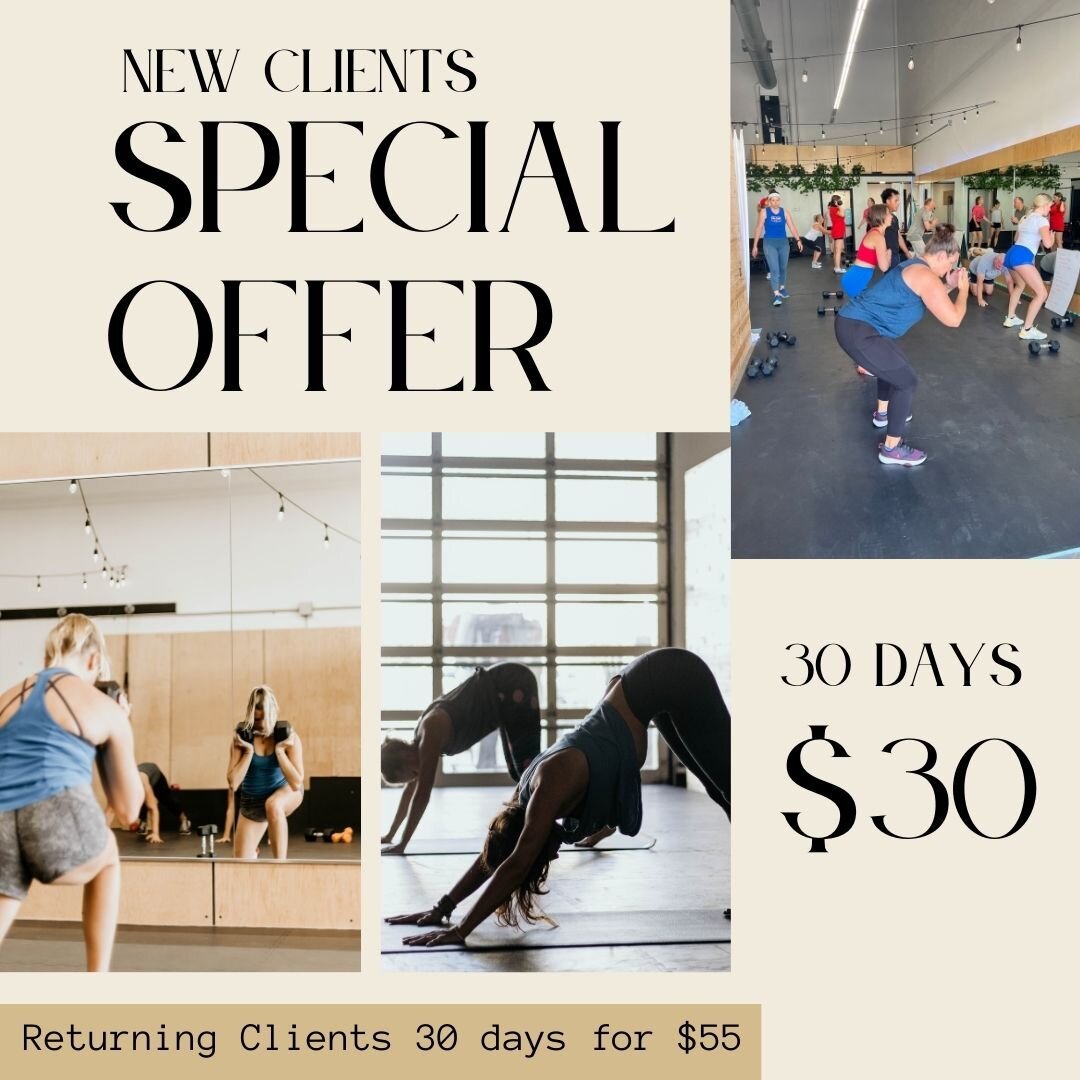 Join us this month for $30! 
Unlimited Classes!
Offer good March 1-31.
30 days starts on your first class
first class must begin in March

Returning Clients join us for 30 days for $55