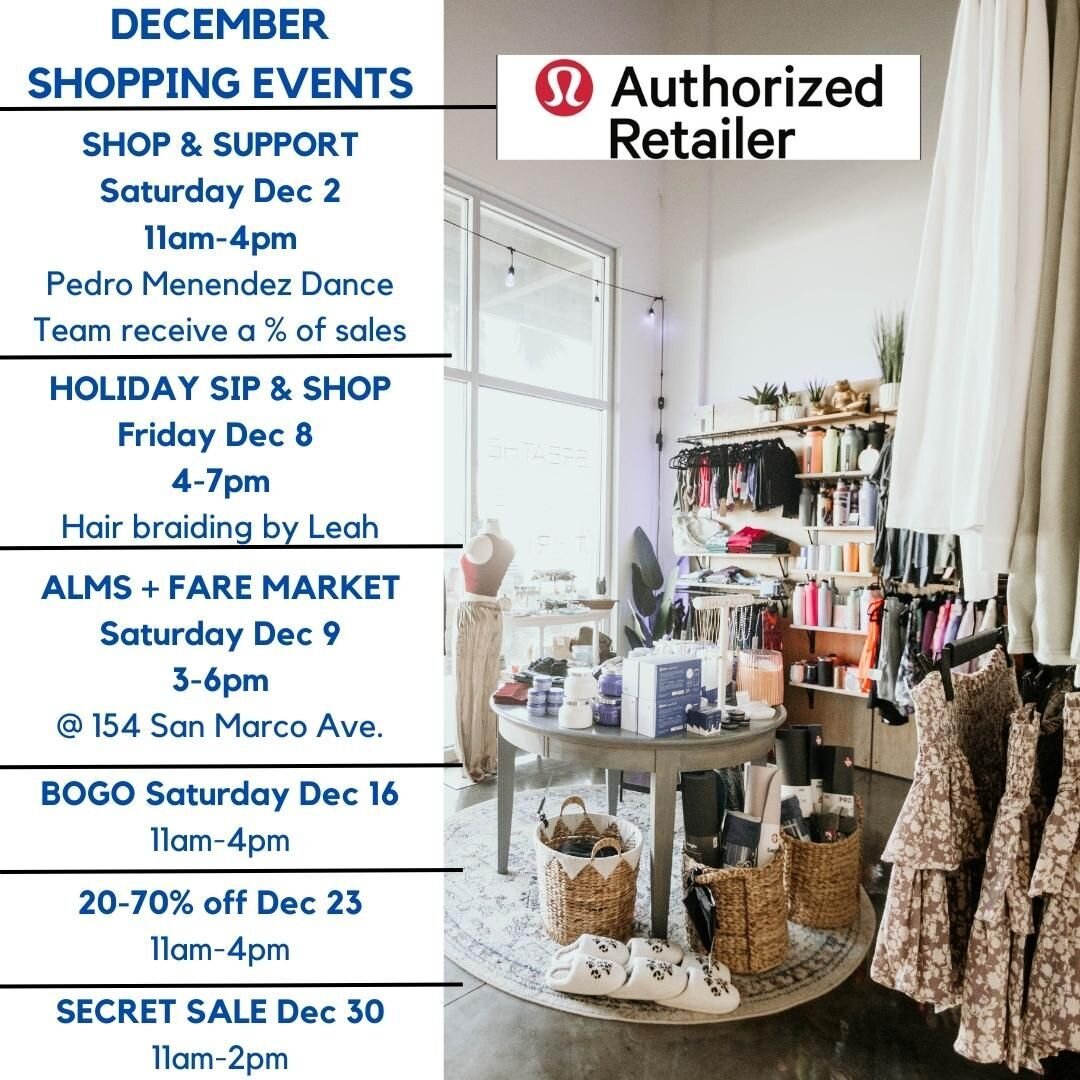 So many great opportunities to support local businesses and school programs this month! 

SolThreads Boutique
We are open every Saturday and located in St Augustine Shipyard.  We are St Augustine's lululemon Authorized retailer carrying the most exte