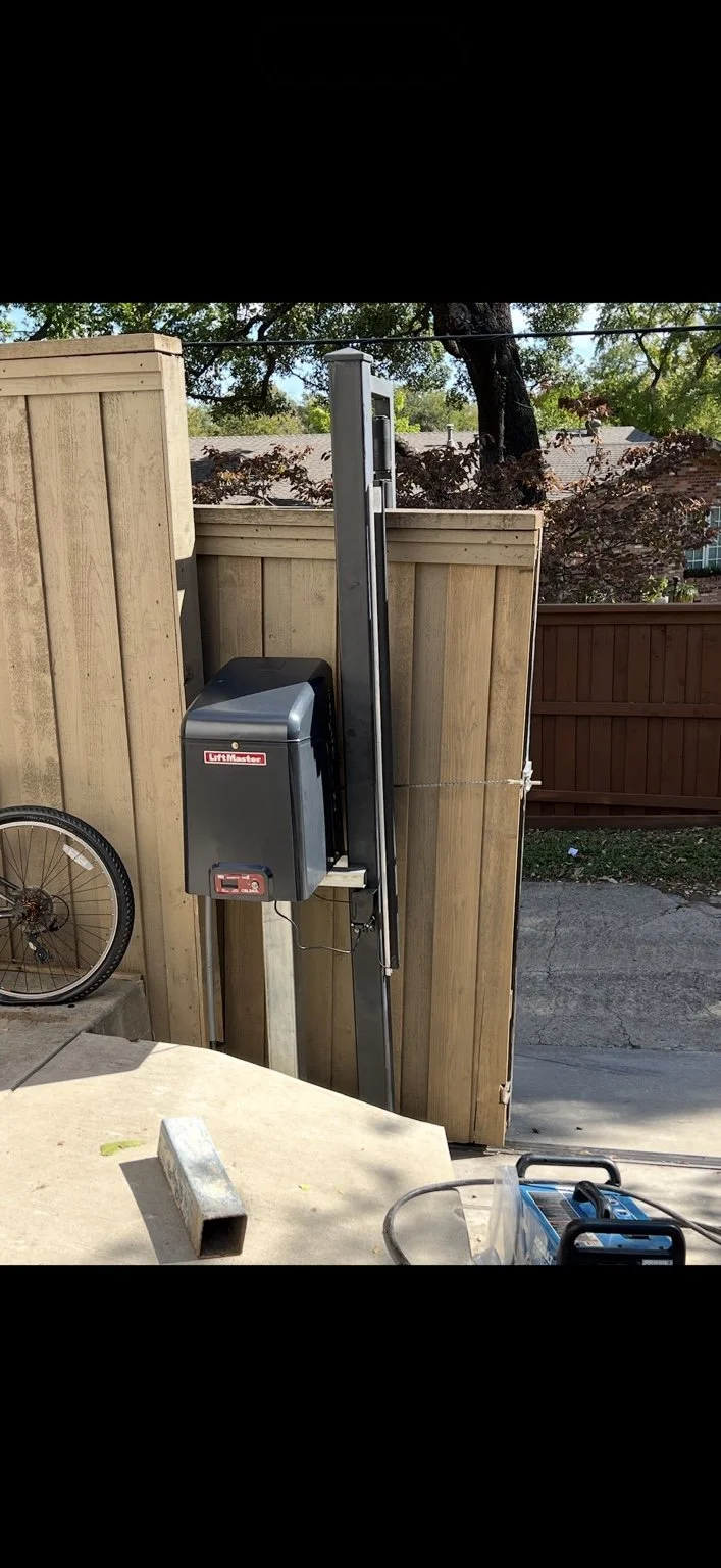 AFTER — Lake Highlands, Dallas. Replacement LiftMaster sliding-gate operator installed by Duncan’s Services.