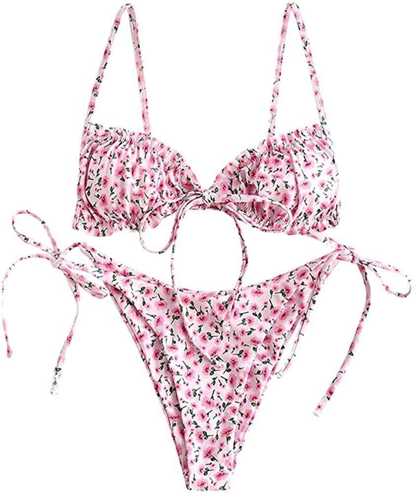 $22.99 ZAFUL Ditsy Floral Frilled Tie Knot Front Strappy Bikini Sets Swimwear