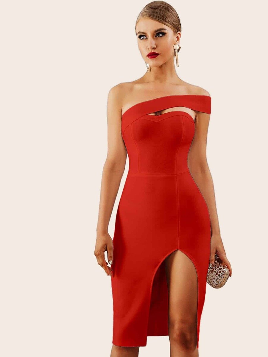 $42 ADYCE Solid One Shoulder Split Thigh Pencil Dress - Shein