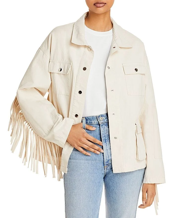 $44 (50% off!) AQUA Fringed Sleeve Denim Jacket - Bloomingdales