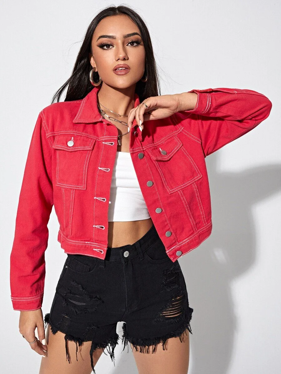 $24 Flap Pocket Button Front Denim Jacket - Shein