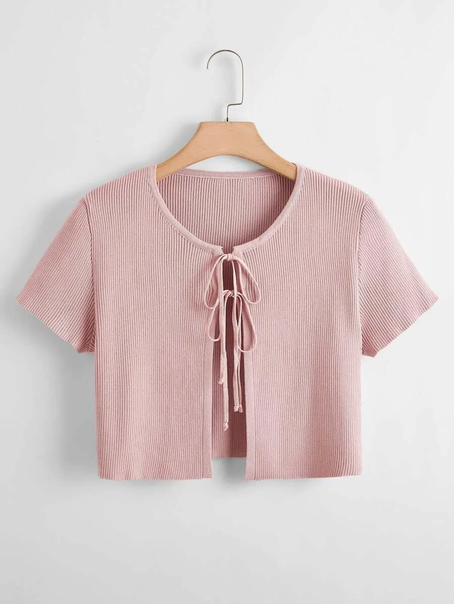 $16 Plus Ribbed Knit Tie Front Crop Cardigan - SHEIN