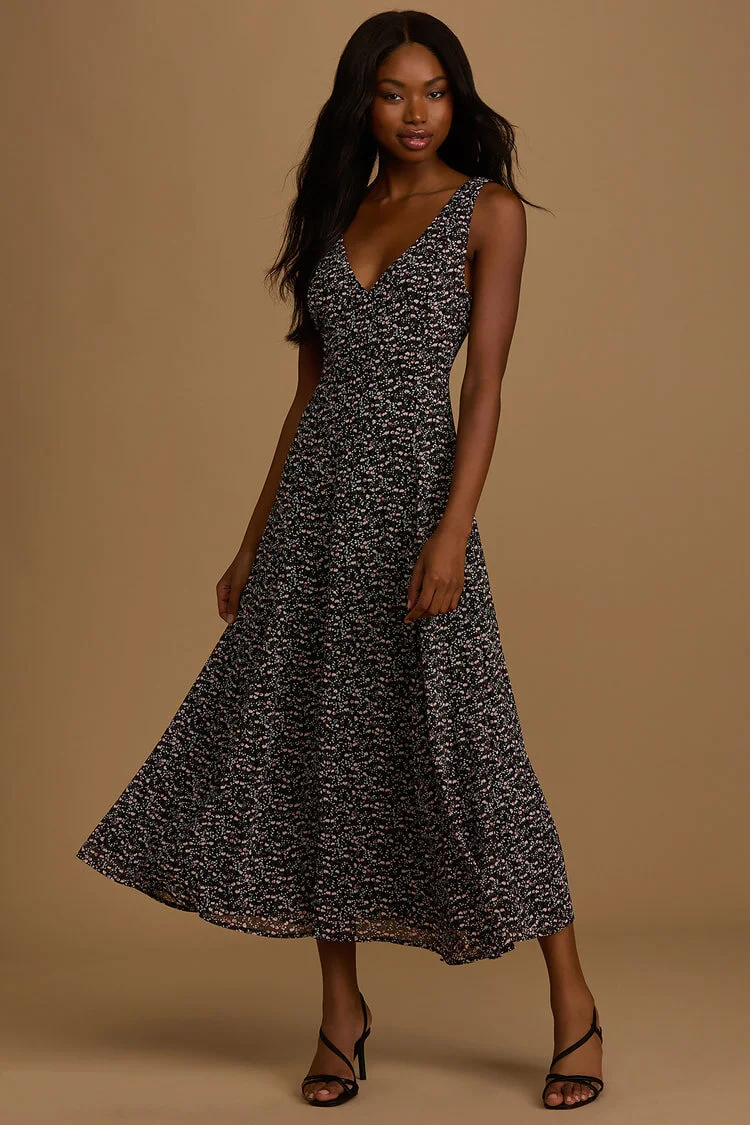 $68 Your Only Darling Black Floral Print Sleeveless Midi Dress - Lulus