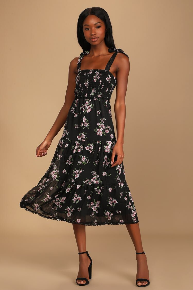 $69 Sweet Situation Black Floral Print Tie-Strap Tiered Midi Dress - Lulus