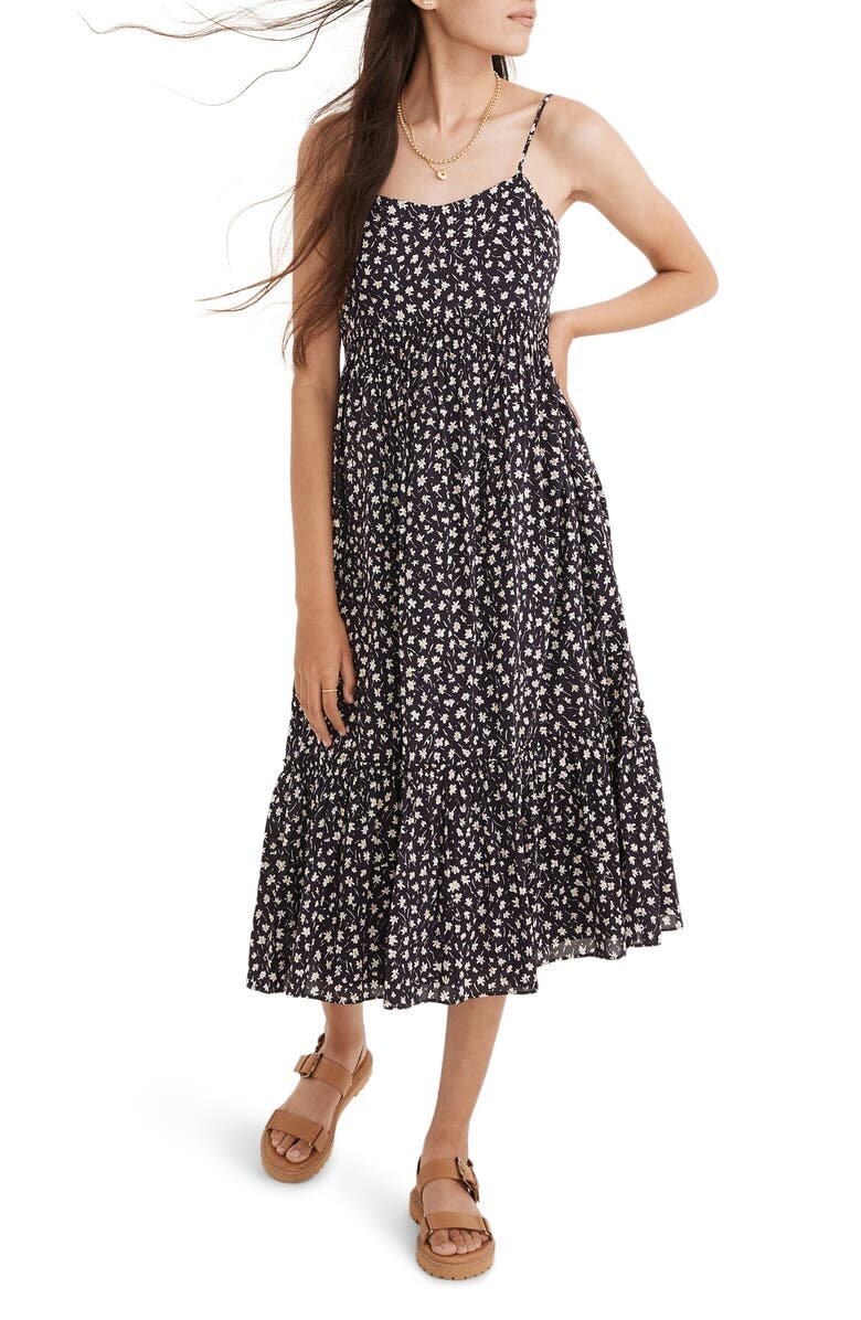 $138 Madewell Floral Print Smocked Tiered Midi Sundress - Nordstrom