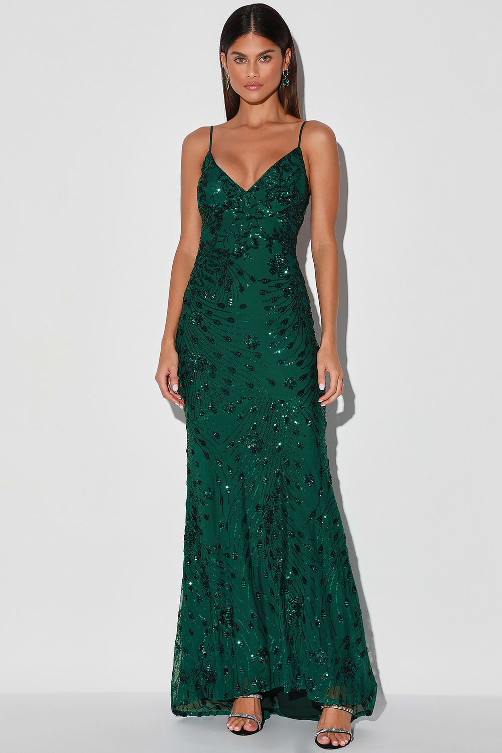 $88 Photo Finish Forest Green Sequin Lace-Up Maxi Dress - Lulus