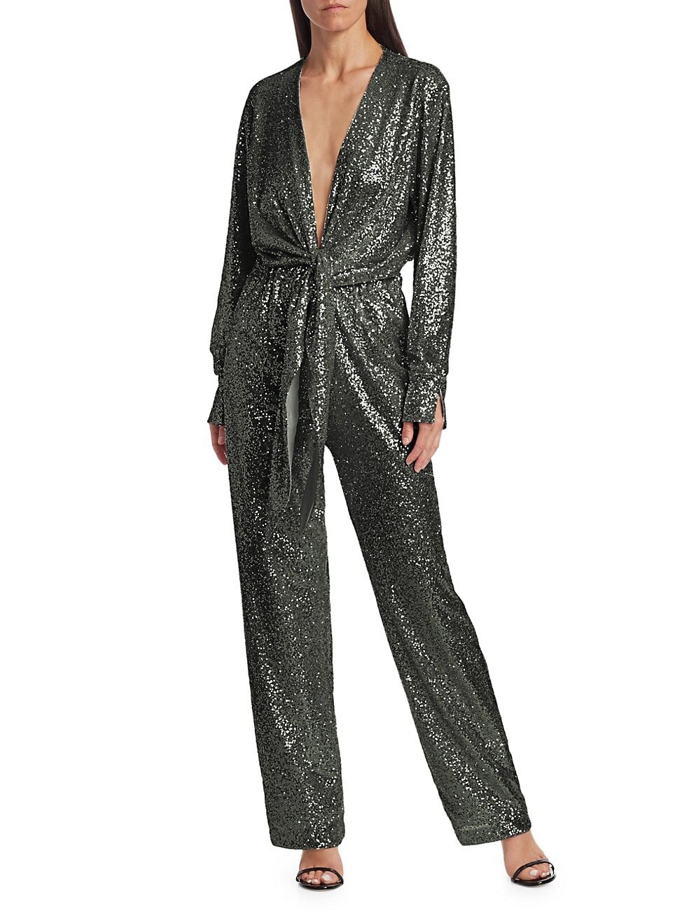 $699.99 Carolina Ritzler Tie-Front Sequin Jumpsuit