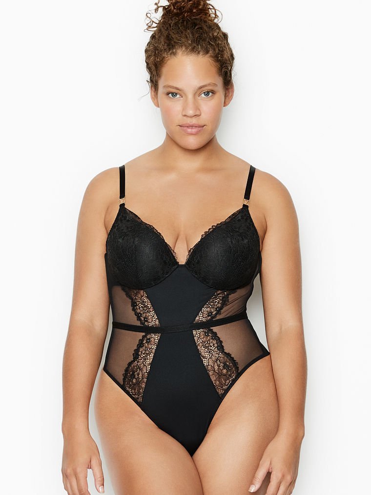 $89.50 Love by Victoria Lightly-Lined Lace Trim Bodysuit
