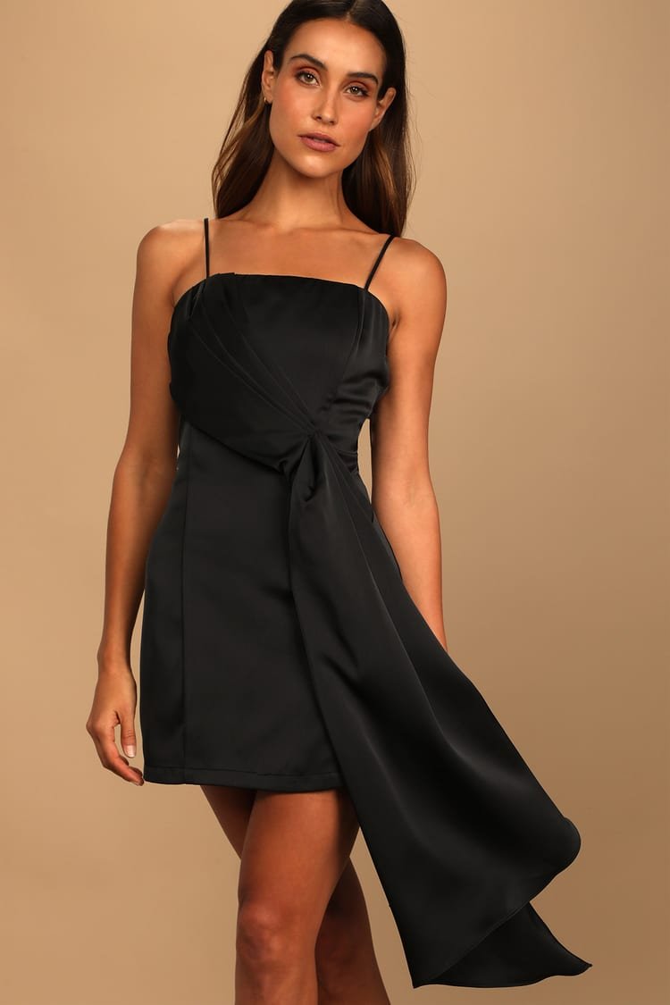 $78 Romantic Allure Black Satin Asymmetrical Mini Dress