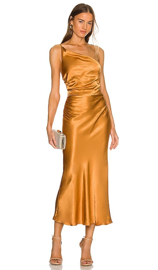 $295 Alma Asymmetrical Bias Cowl Midi Dress Shona Joy