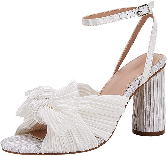 Women's Bow Knot Heeled Sandals Bridal Wedding Open Toe Ankle Strap Chunky Heels $51.99