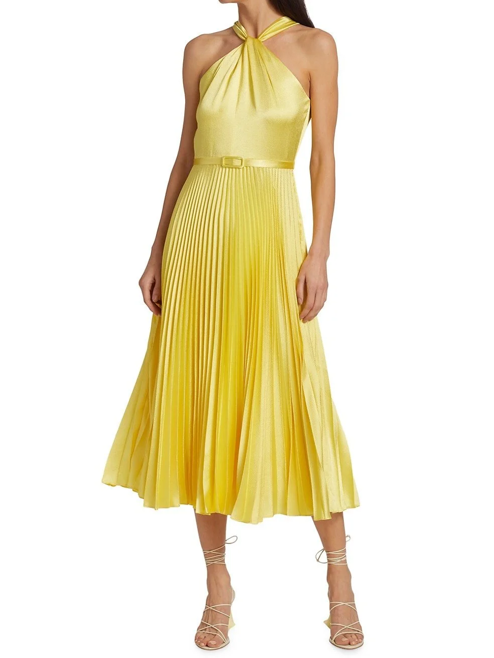 $545 ML Monique Lhuillier Satin Halter Pleated Midi-Dress