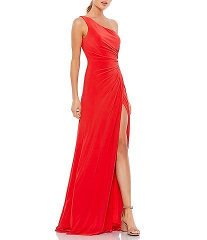 $278 Mac Duggal Ruched Sleeveless One Shoulder Front Slit Sheath Gown