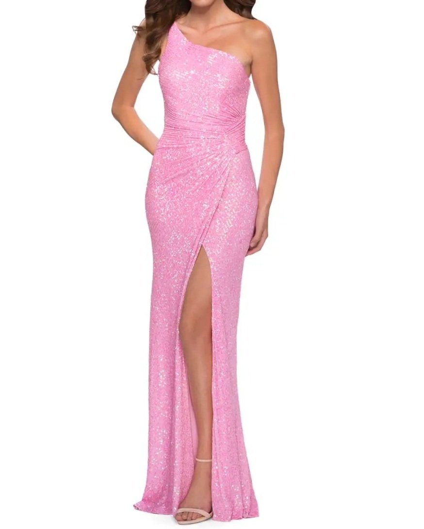 $398 La Femme One-Shoulder Sequin Column Gown