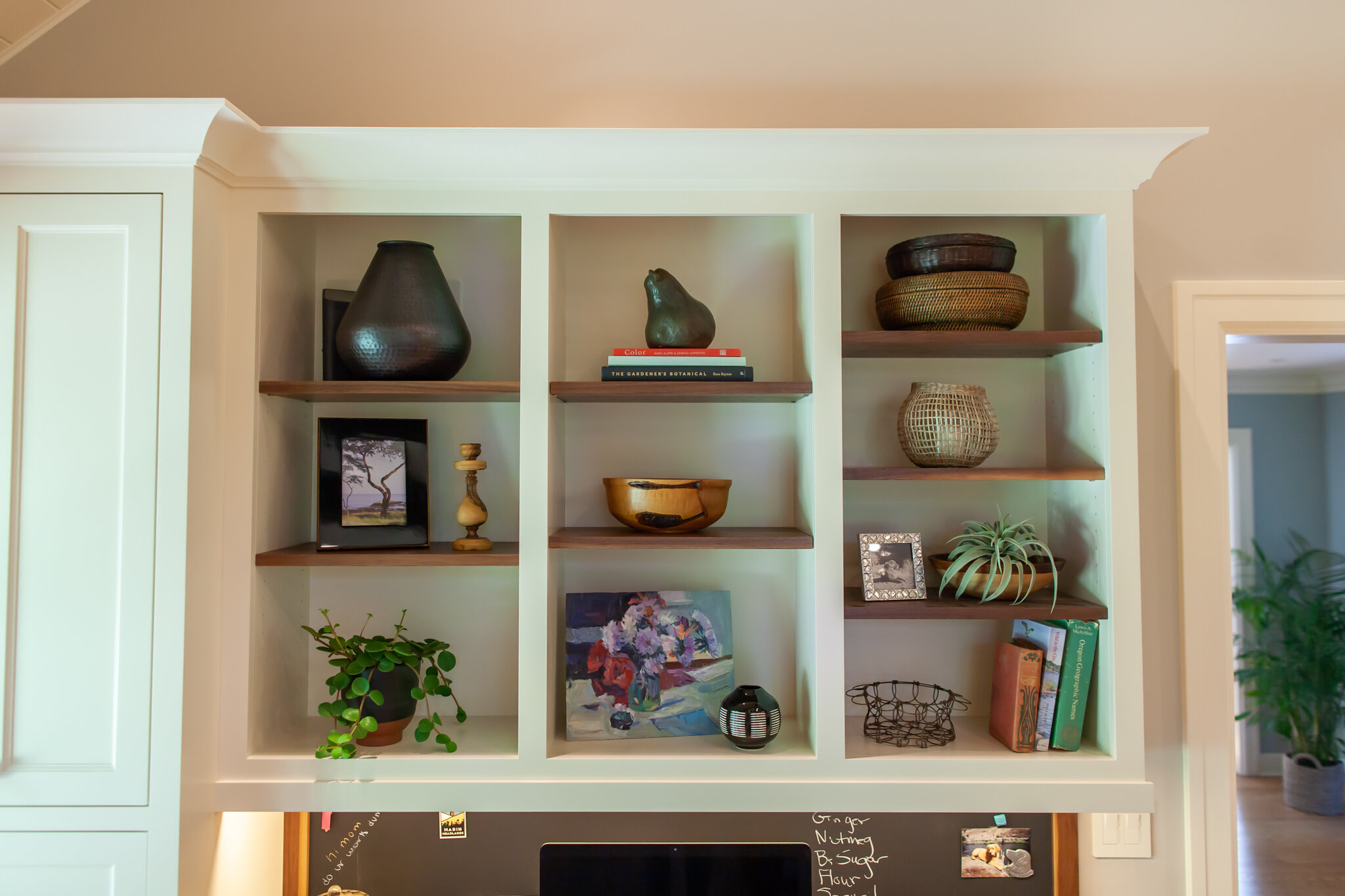 Shelves for family memorabilia.