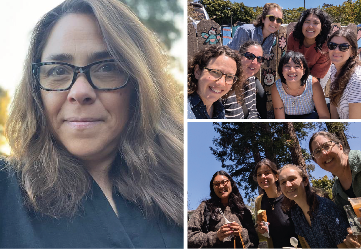 composite of three photos: a smiling woman with long brown hair wearing glasses; selfie of six people smiling on a sunny day; selfie of four people smiling holding ice cream cones.