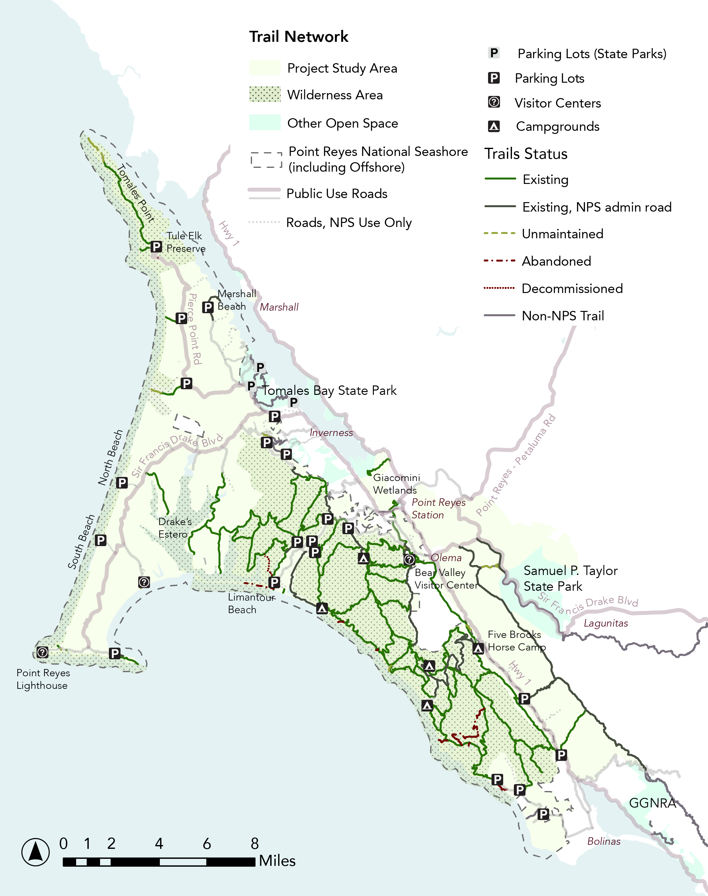 Map showing Point Reyes' trail network.