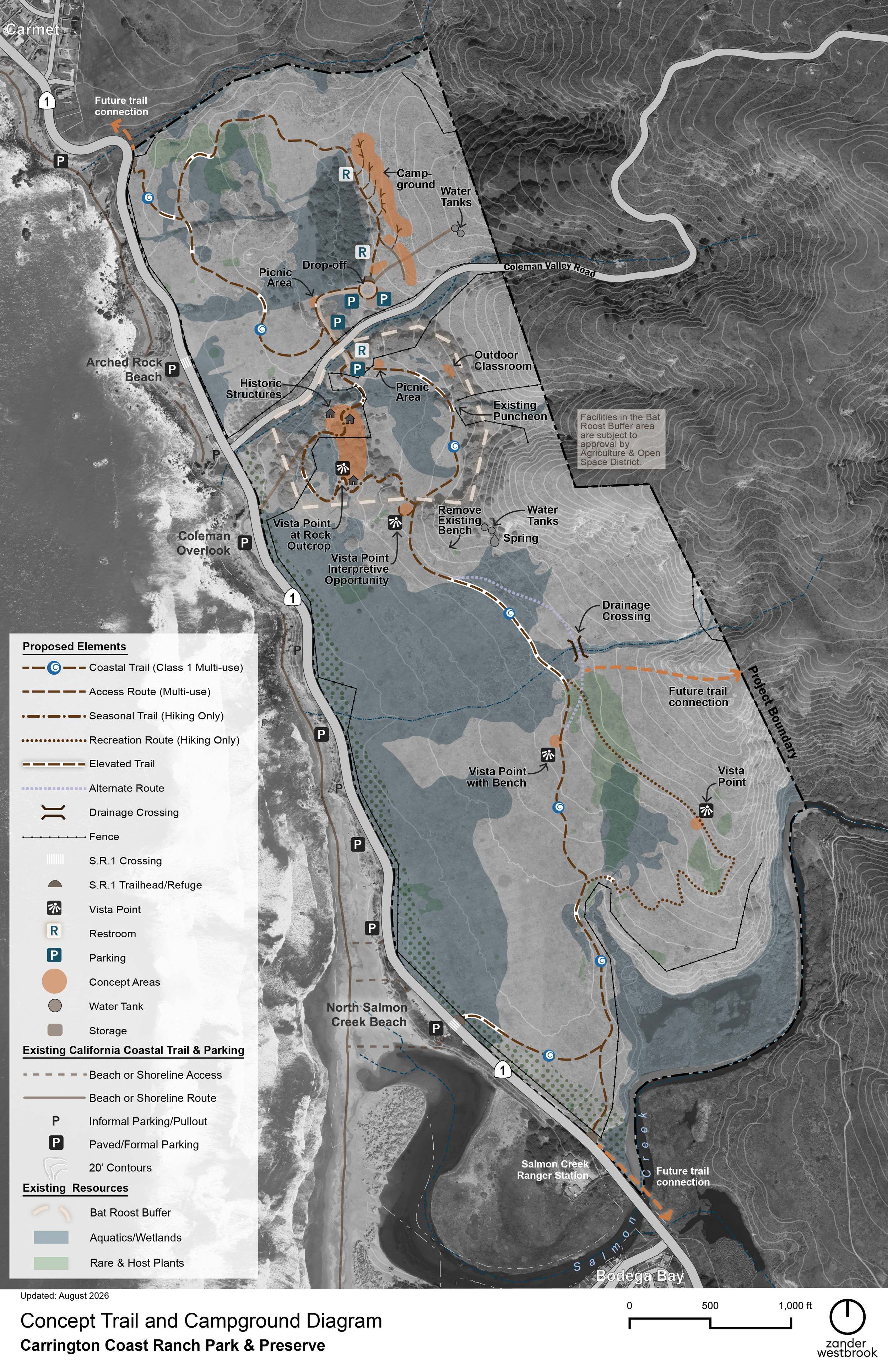 Map detailing coastal trail and campground for Carrington Coast Ranch.