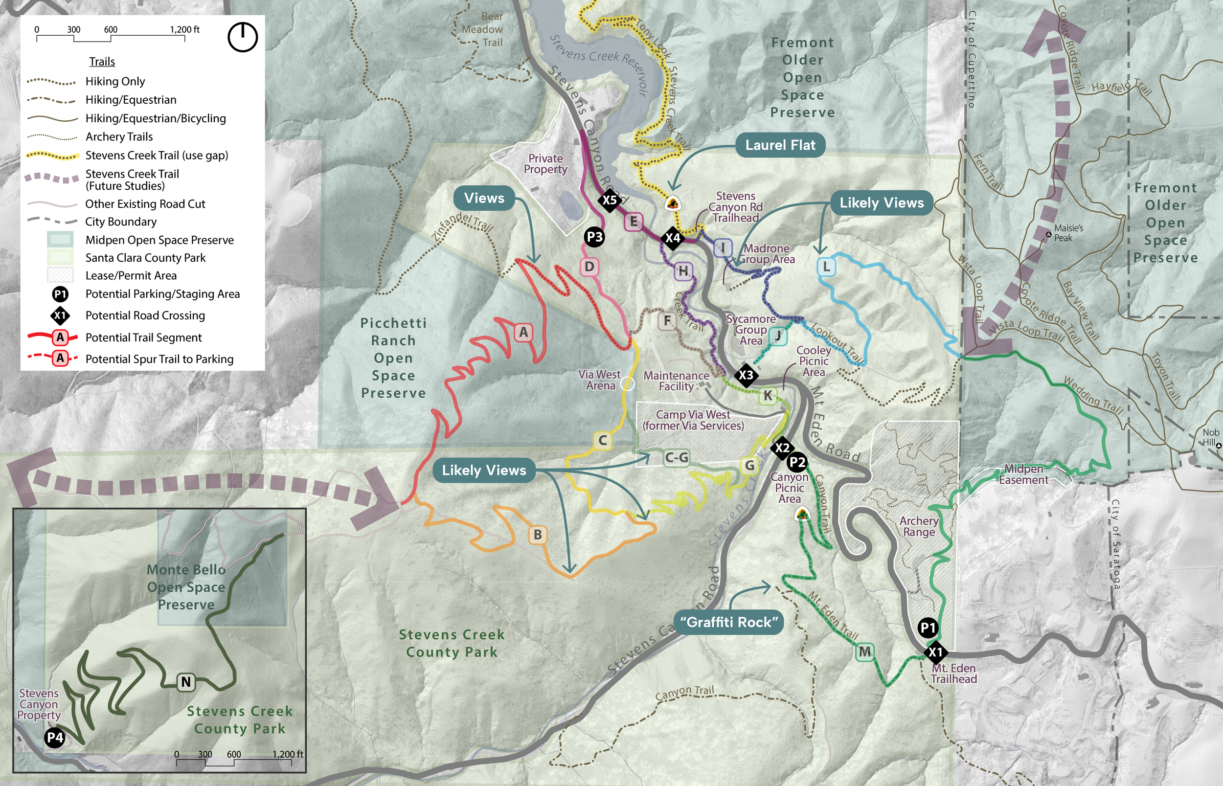 Map showing different trail segments for Stevens Creek.