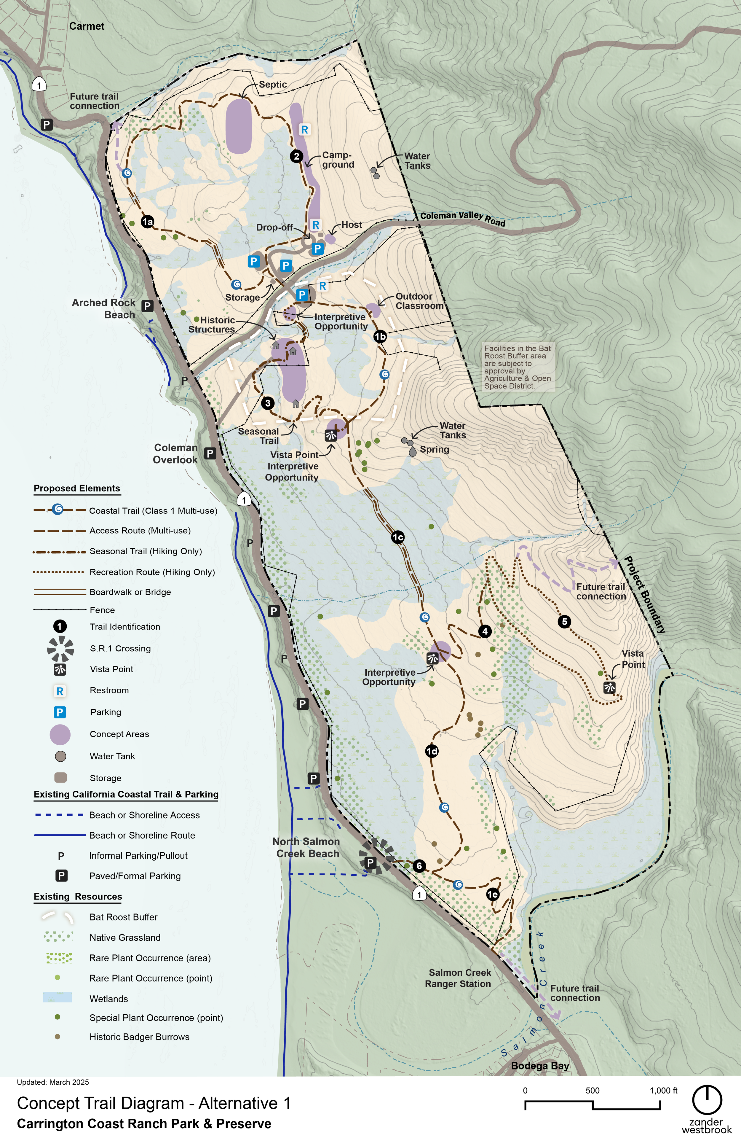 Map detailing coastal trail and campground for Carrington Coast Ranch.