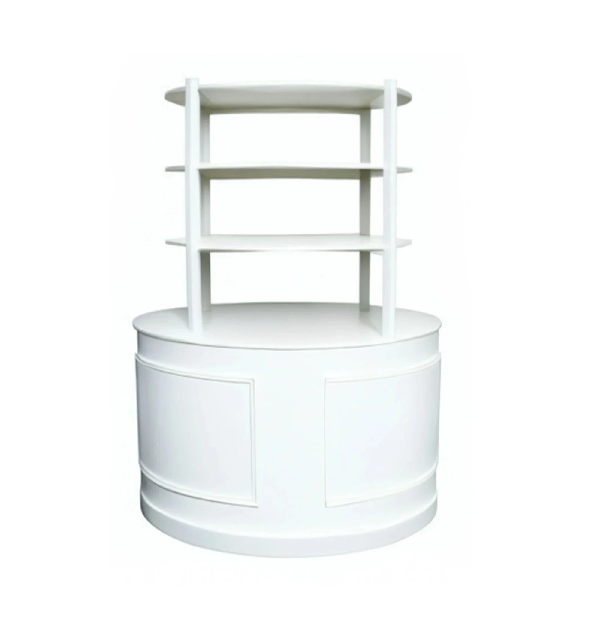 White round display shelf with multiple shelves for hire in Sydney and NSW, ideal for brand activations, product displays, grazing stations, weddings, and corporate events.