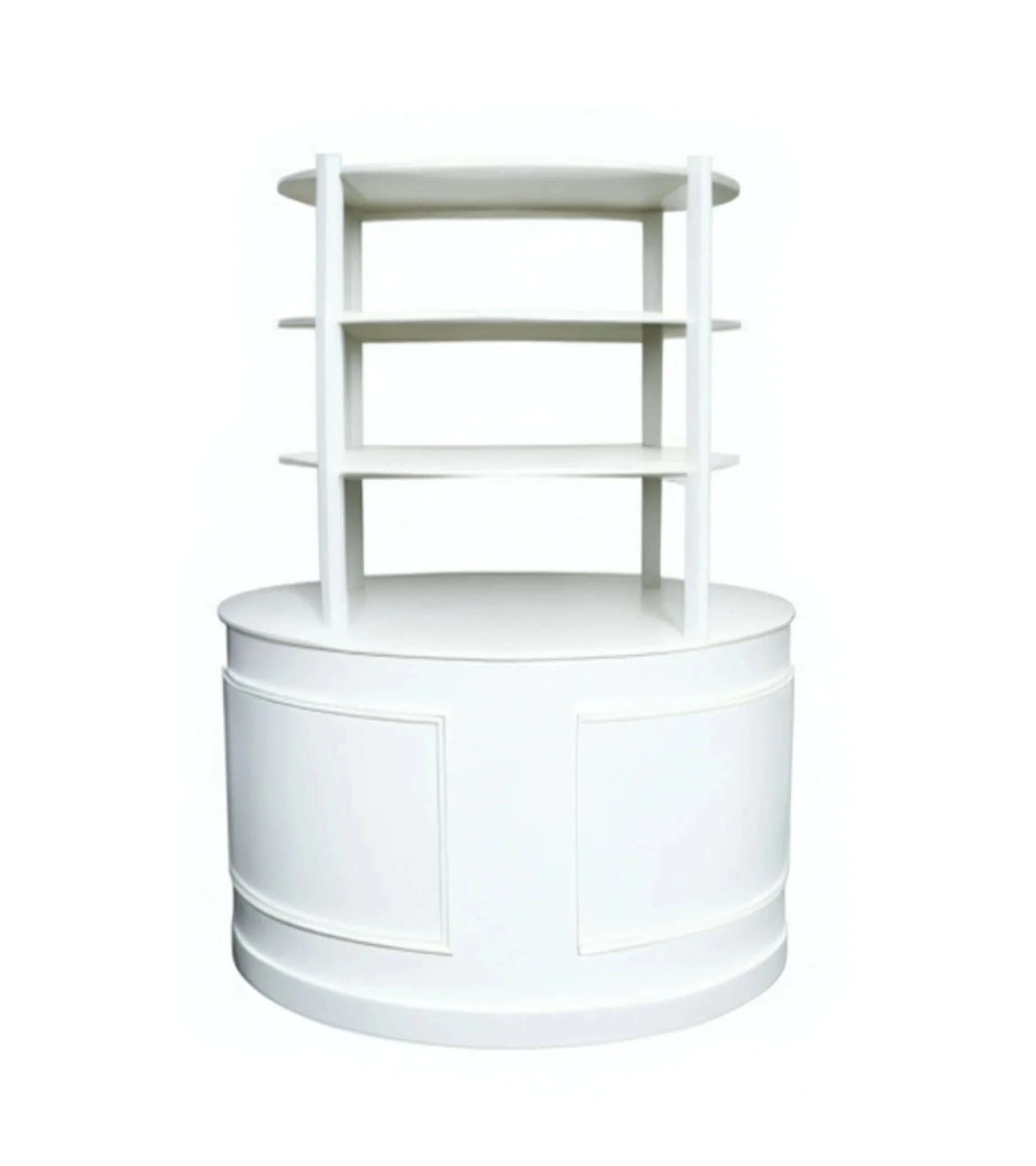 White round display shelf with multiple shelves for hire in Sydney and NSW, ideal for brand activations, product displays, grazing stations, weddings, and corporate events.