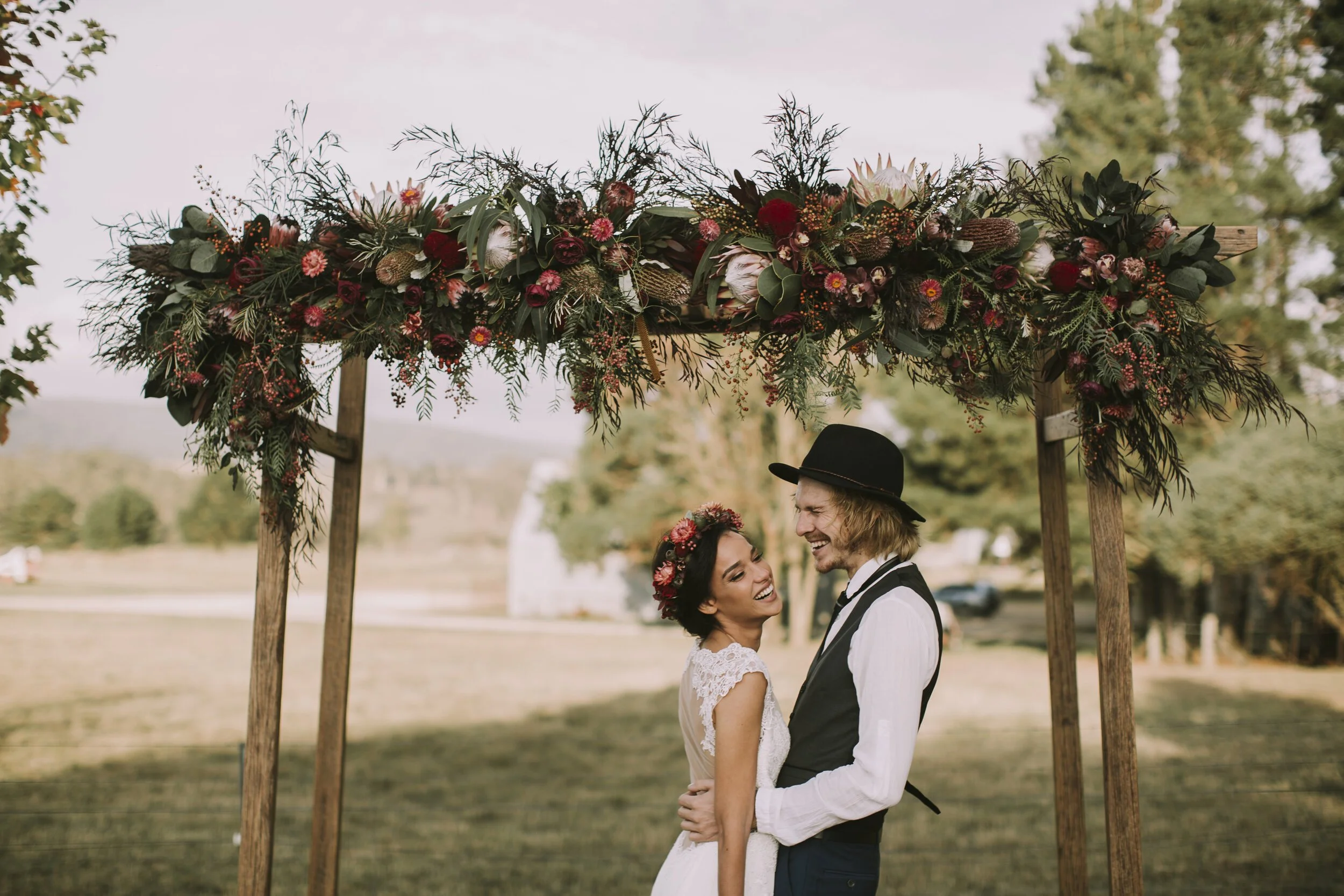 Timber wedding arch available for hire in Sydney and NSW, ideal for outdoor wedding ceremonies and bridal entrances.