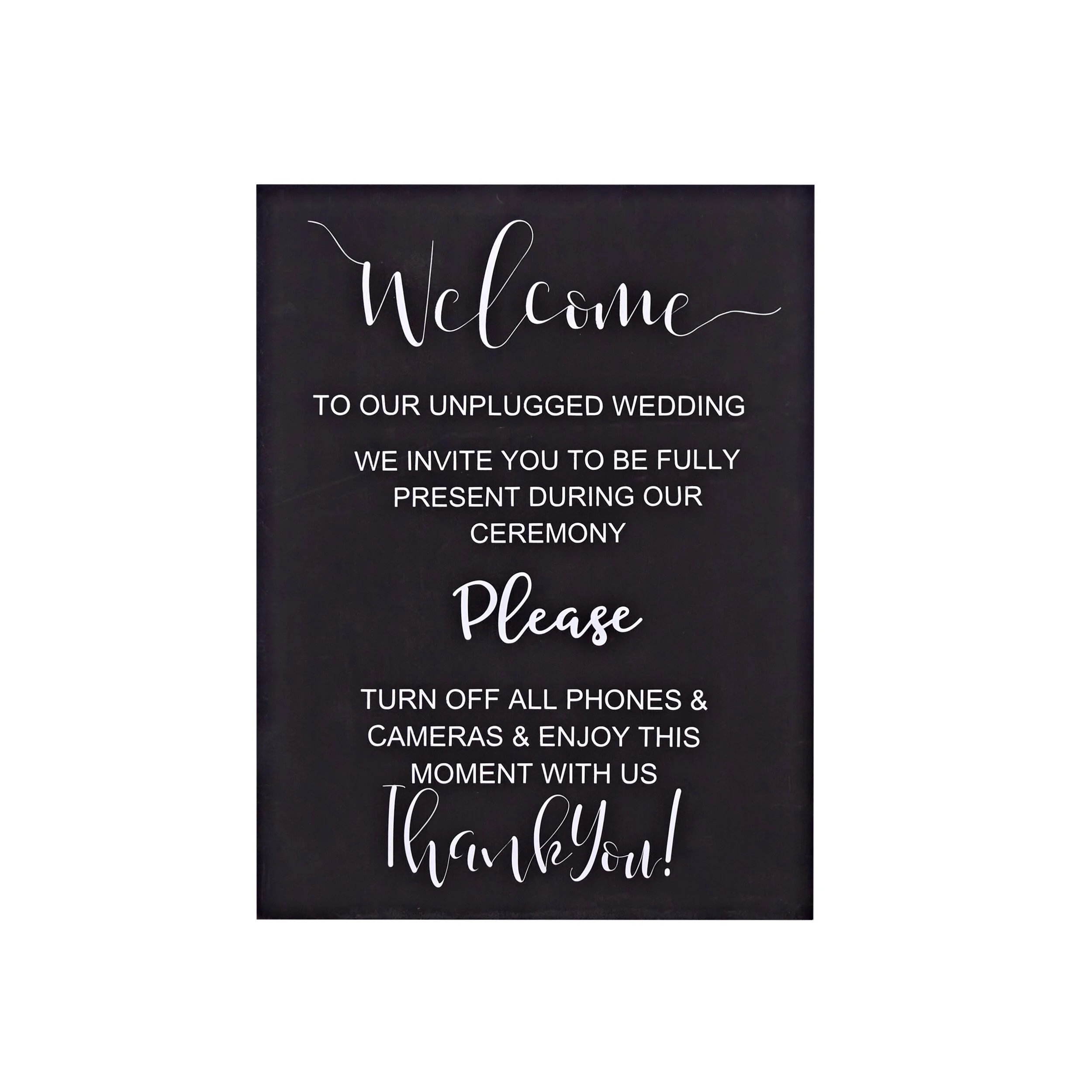 Unplugged wedding sign with black background and white text available for hire in Sydney and NSW, ideal for wedding ceremonies and reception styling.