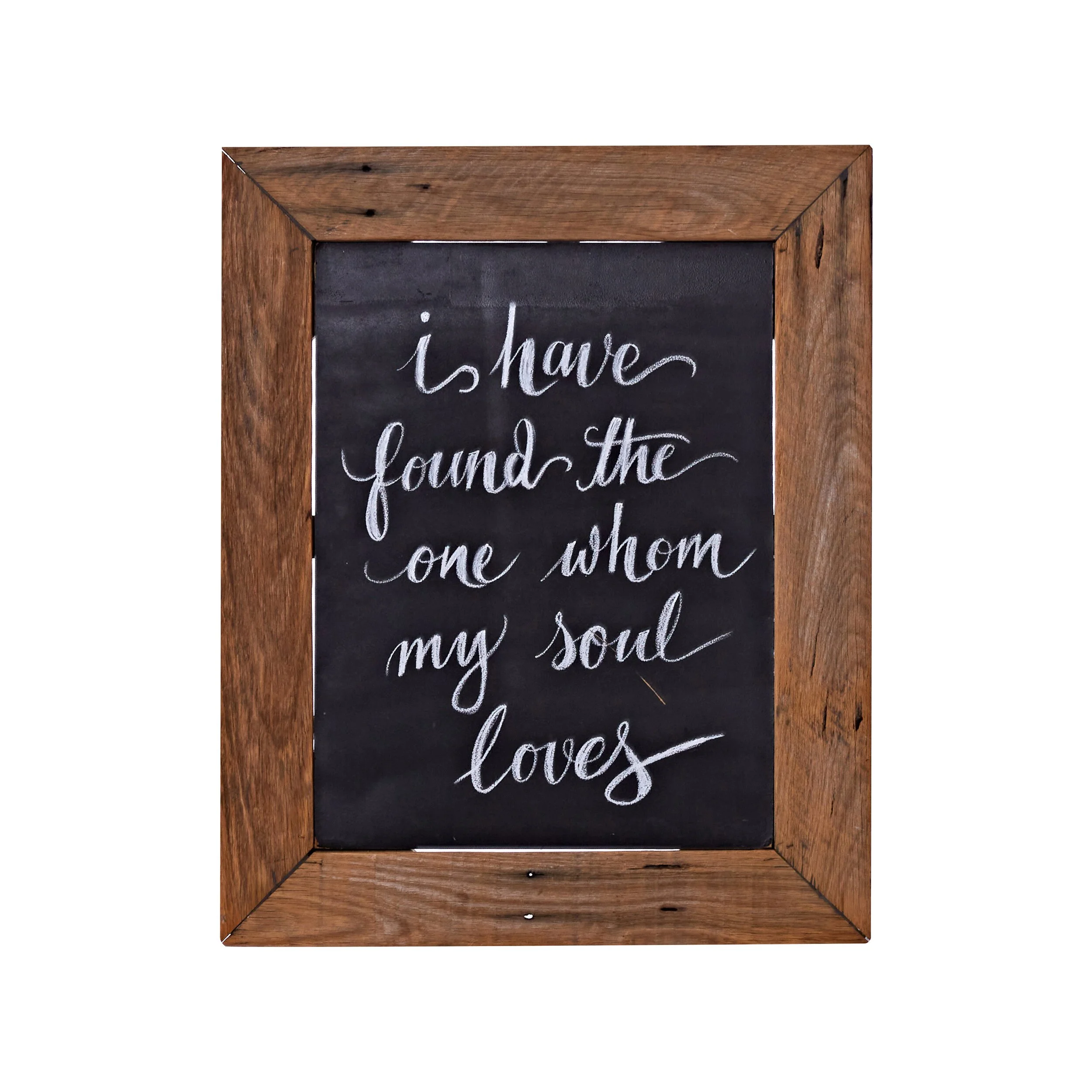 Wedding sign with black background, white text, and wooden frame reading “I have found the one whom my soul loves” available for hire in Sydney and NSW.