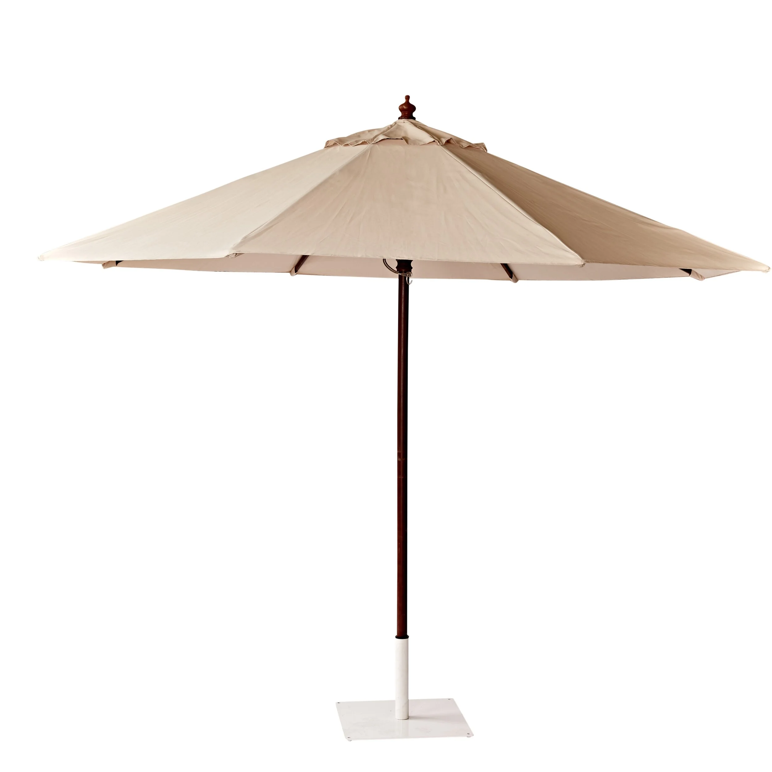Beige umbrella canopy with wooden leg available for hire in Sydney and NSW, ideal for outdoor events and weddings.