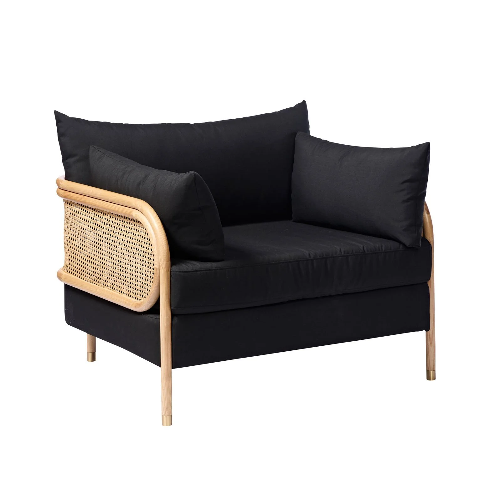 Black Square Armchair with Natural Rattan Frame