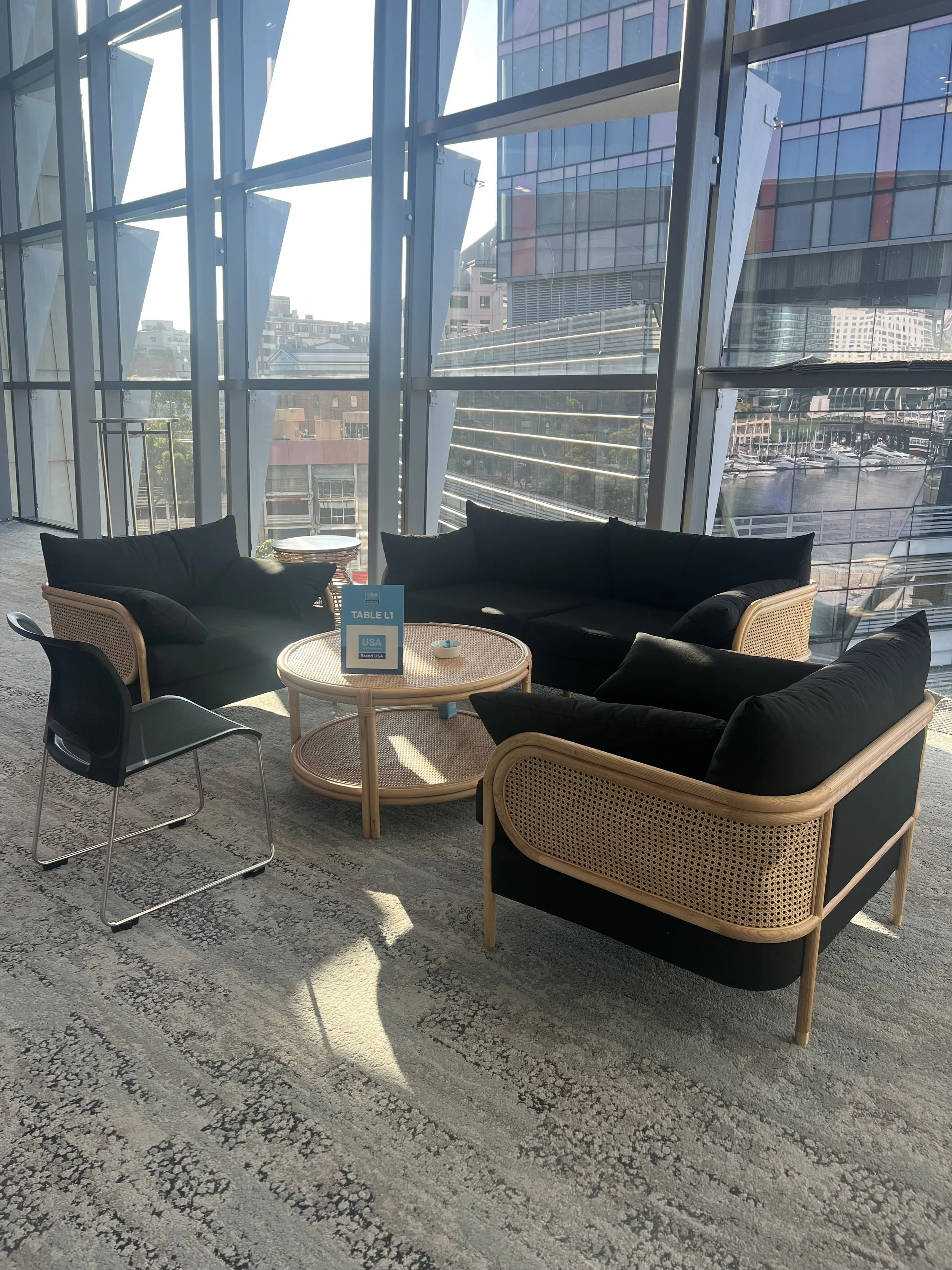Natural Rattan lounge with all black cushioning in a office building