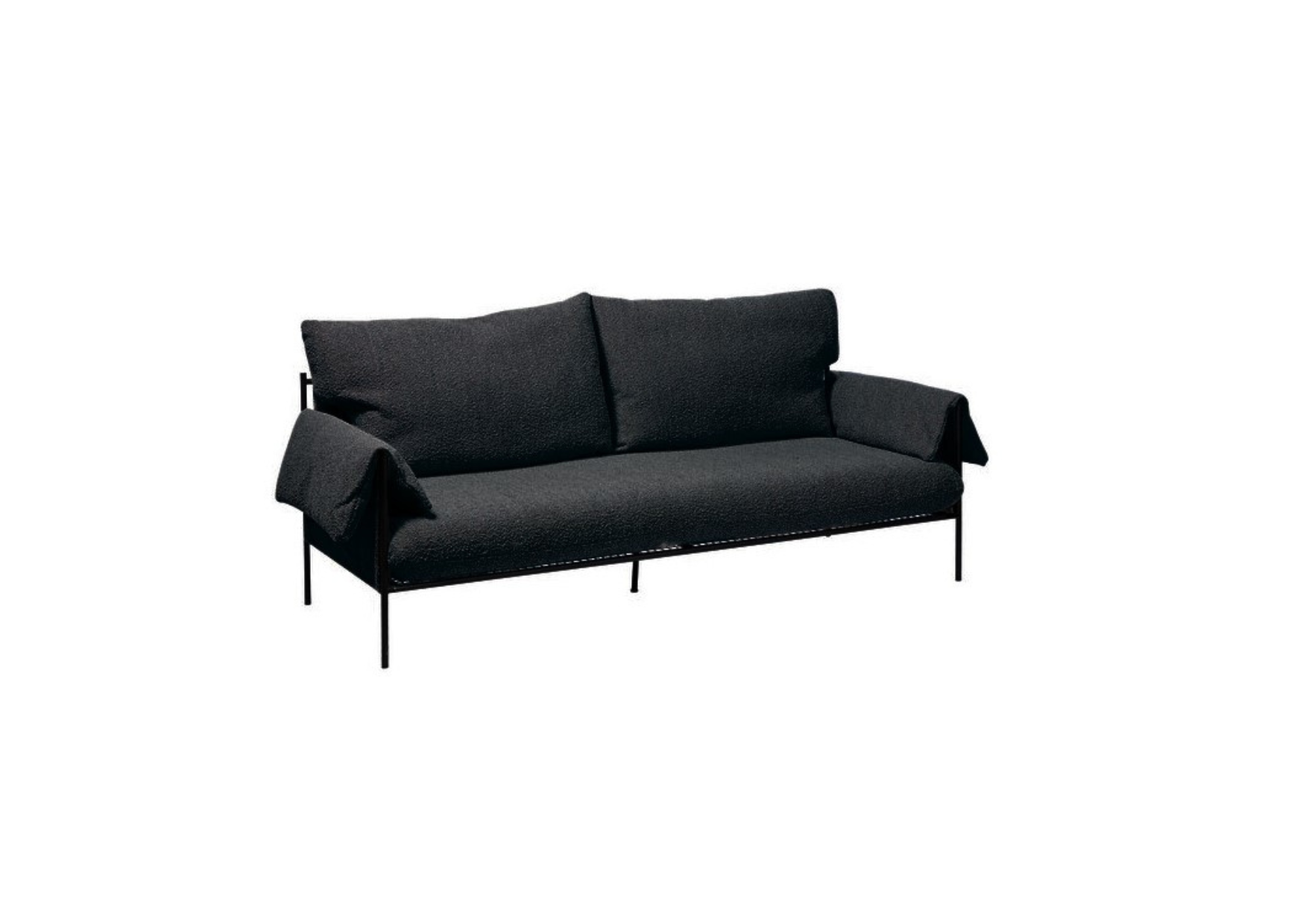 Black boucle three-seater lounge with matte black metal frame, available for hire in Sydney and NSW, ideal for weddings, corporate events, and private functions.