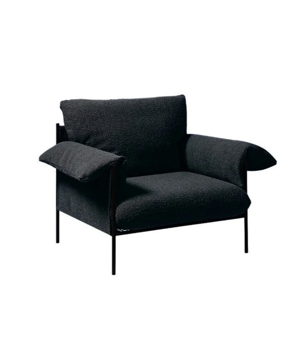 Black boucle armchair with matte black metal frame, available for hire in Sydney and NSW, perfect for weddings, corporate events, and lounge settings.
