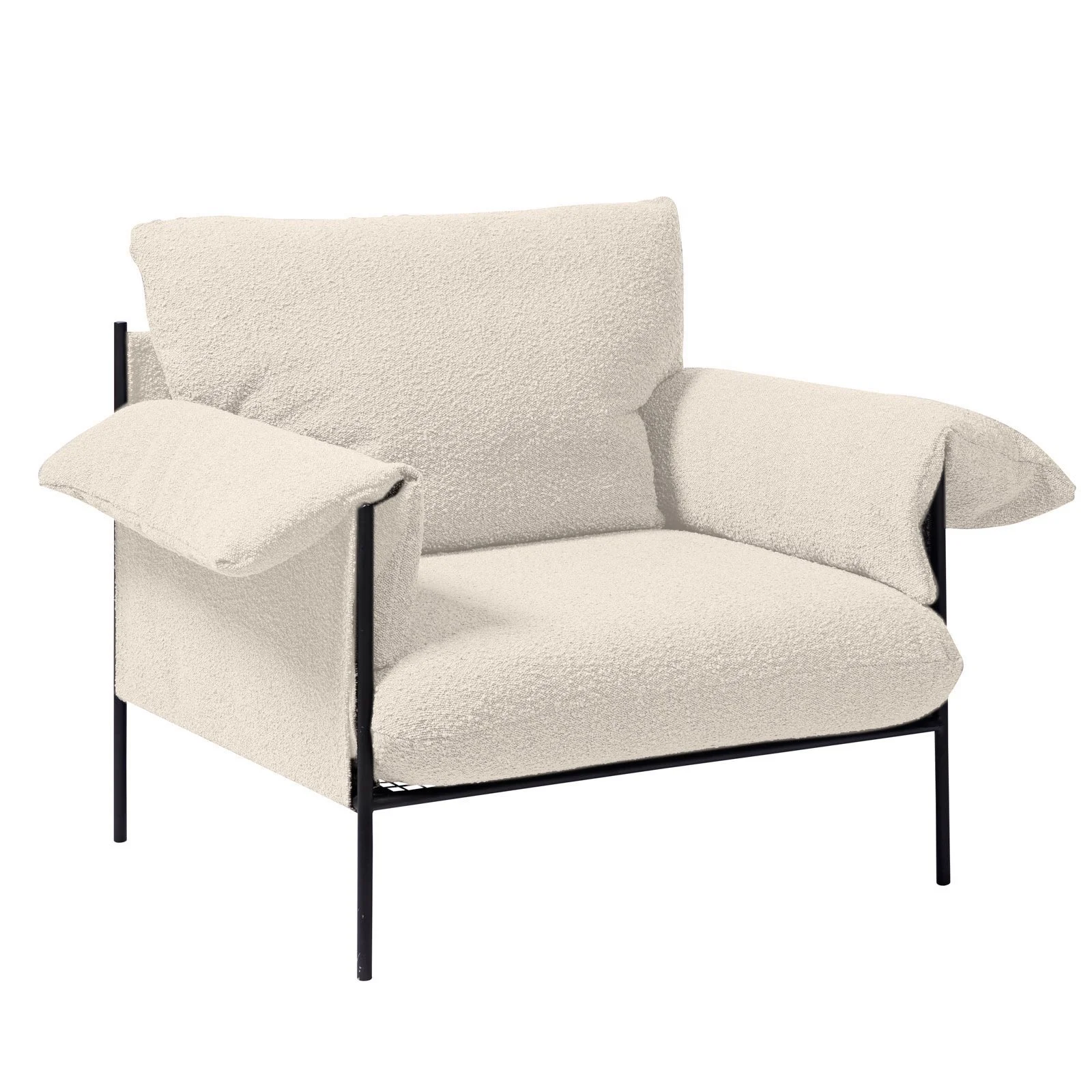 Ivory boucle armchair with matte black metal frame, available for hire in Sydney and NSW, ideal for elegant weddings, brand activations, and private gatherings.