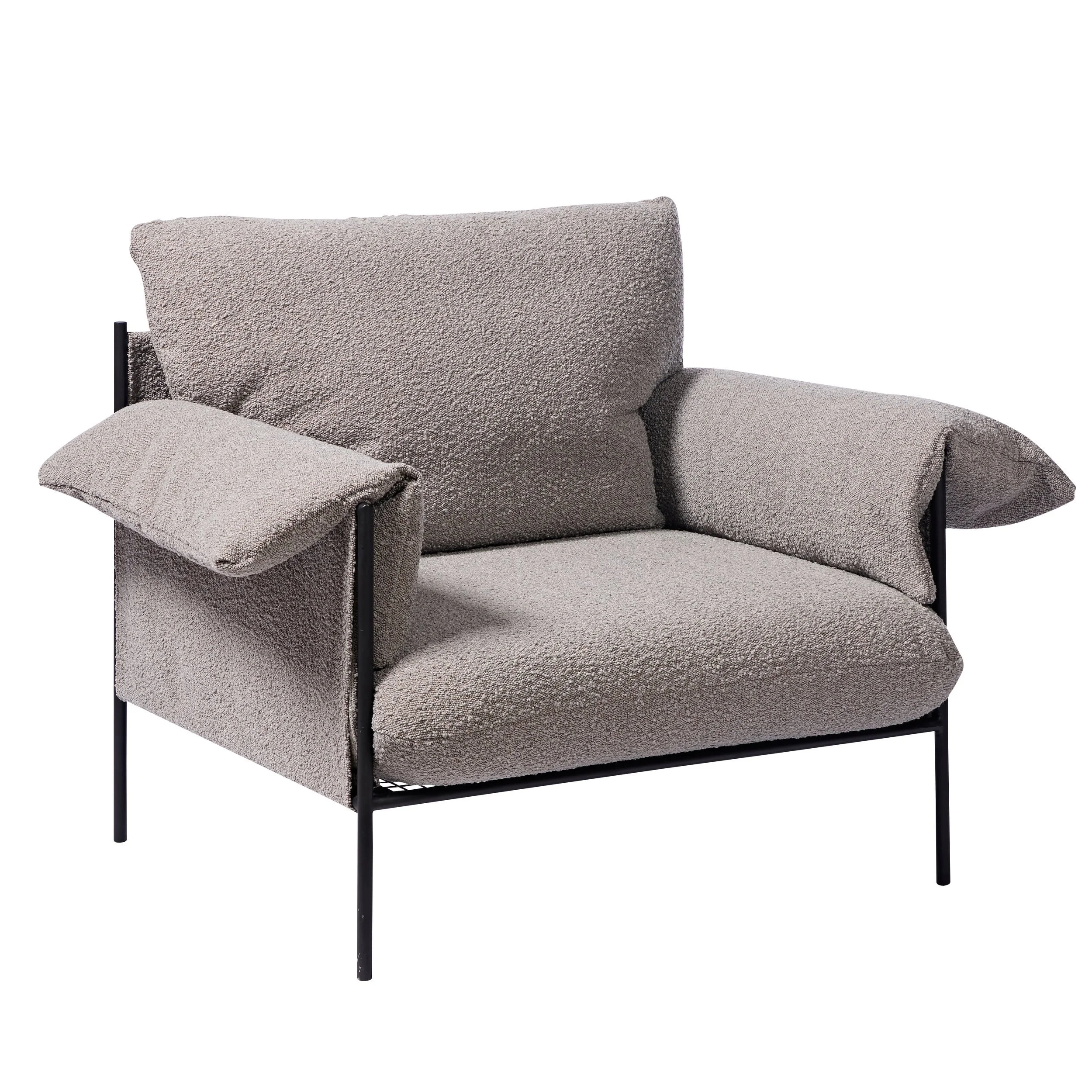 Grey boucle armchair with matte black metal frame, available for event hire in Sydney and NSW, perfect for weddings, corporate receptions, and private events.