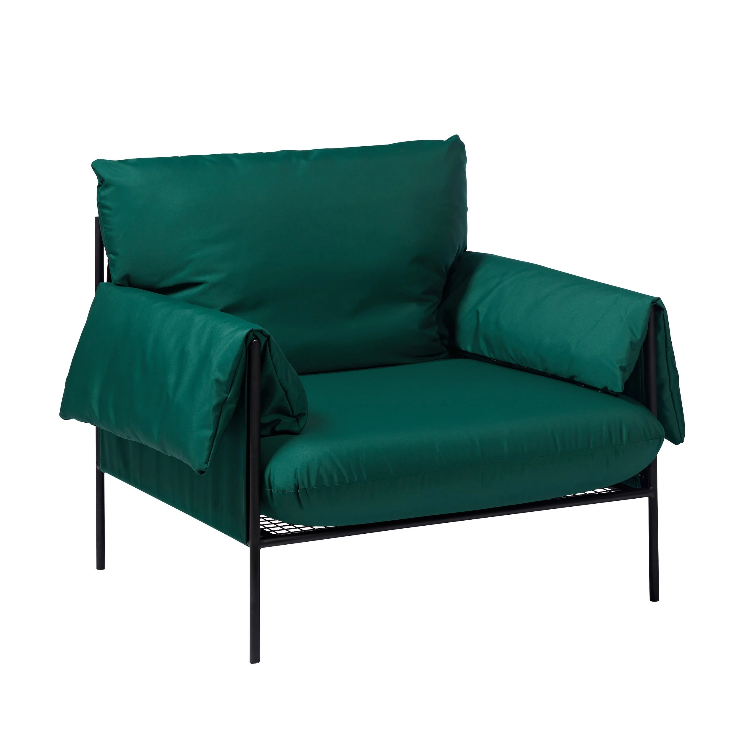 Forest green outdoor fabric armchair with matte black metal frame, designed for outdoor event hire in Sydney and NSW, perfect for weddings, corporate events, and garden parties.