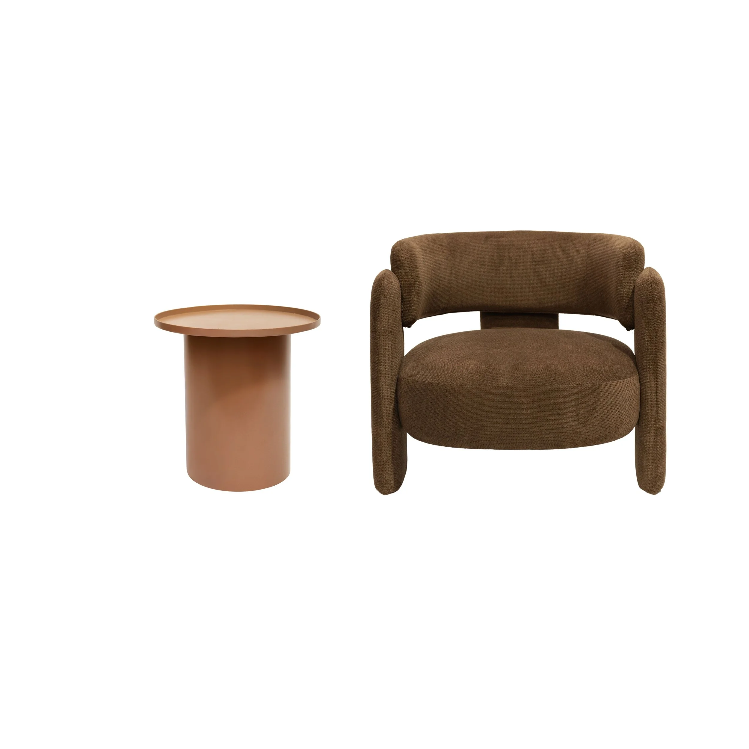 Mocha mouse brown metal side table and armchair available for hire in Sydney and NSW, suitable for weddings, corporate events, and private functions.