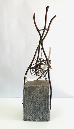 REPURPOSED, enamel, glaze, wood, found objects: steel, bone,
4wx10.5hx4d inches, SOLD