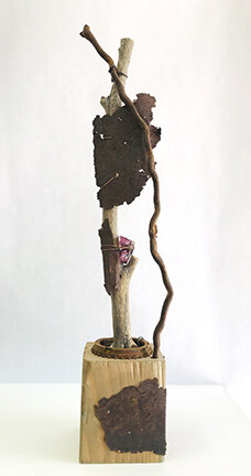 REPURPOSED lV, glaze, wood, copper, found objects: steel, glass, tin, 5.5wx10.5hx4d inches