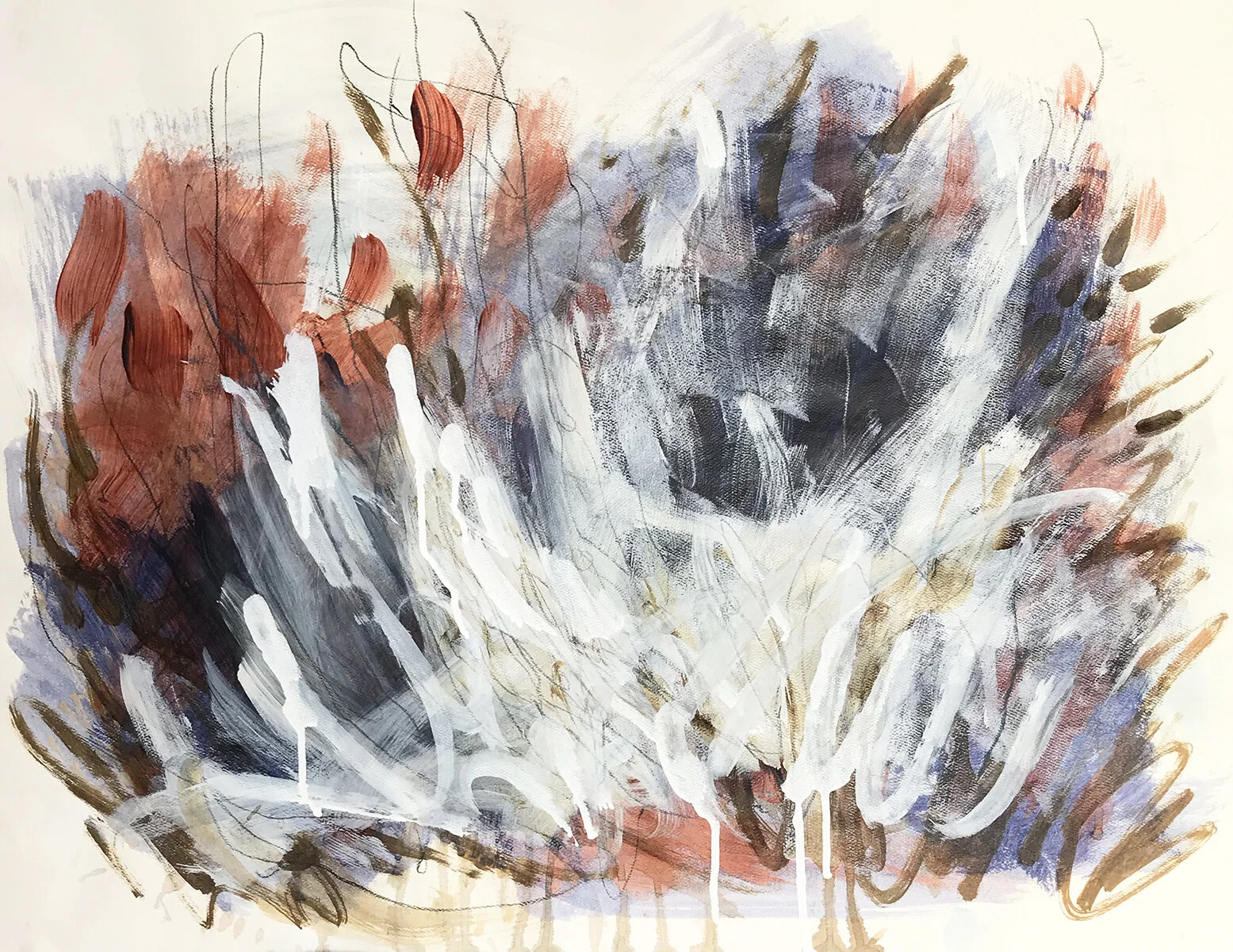 ROOTED IN WINTER, acrylic, ink, graphite, on paper, 15x20 inches