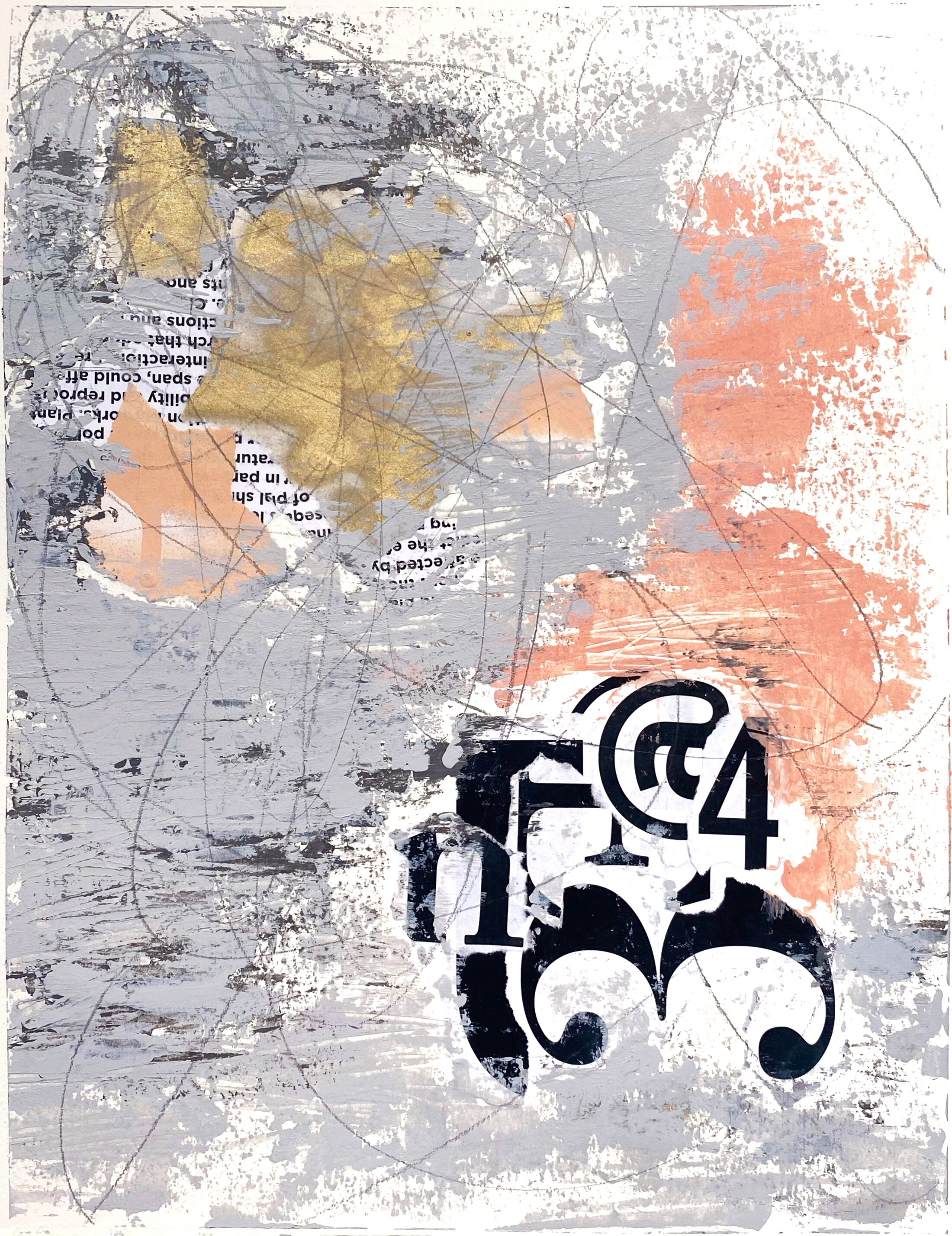 THREE'S A CROWD, acrylic, paper, spray paint, graphite on paper, 12x9