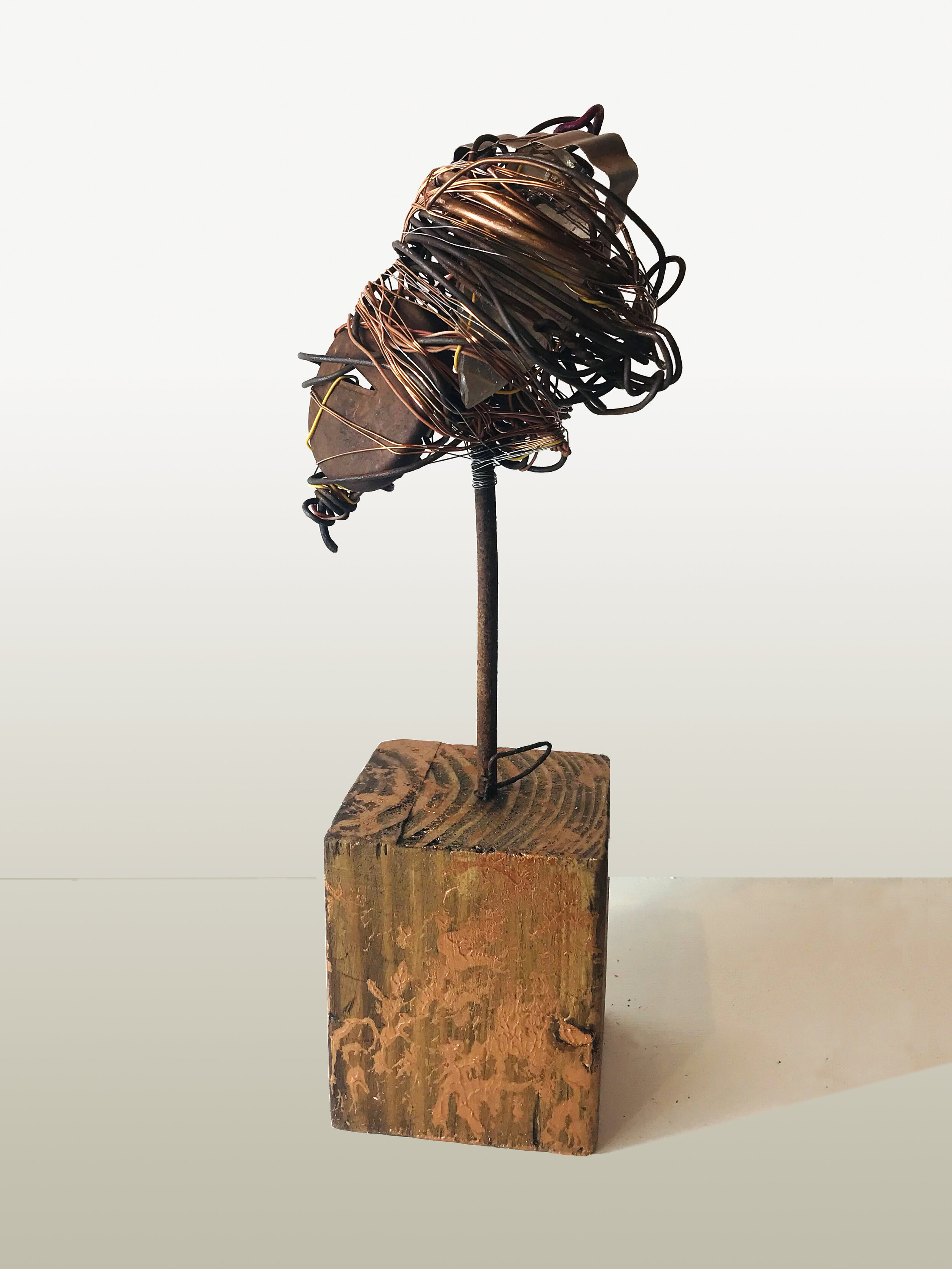 UPCYCLED ll, acrylic, wood, found objects: tin, steel, aluminum, steel wire, steel spring, vinyl coated wire, copper wire, game piece, glass, cord, 4wx11hx4d inches