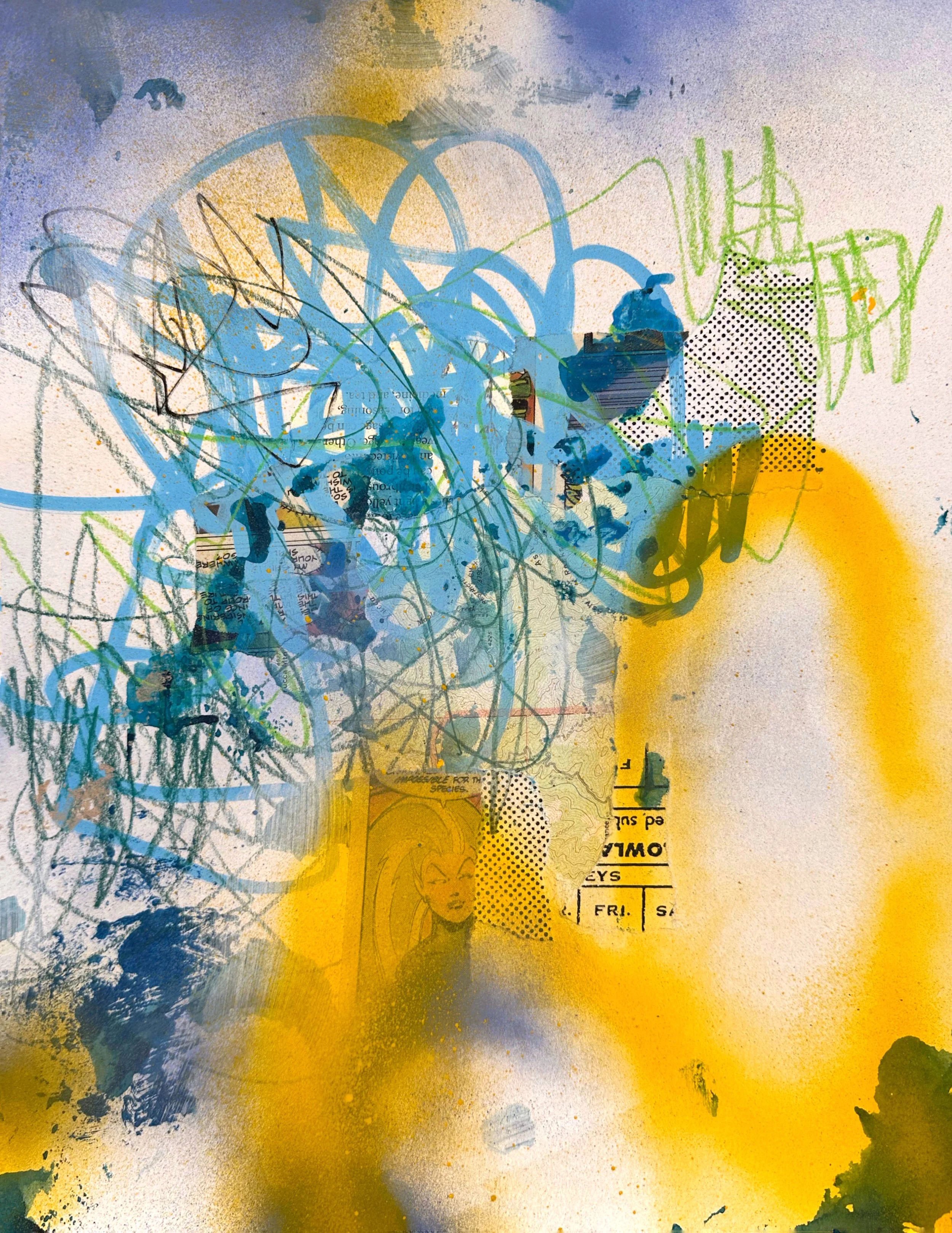 SUN & SEA, acrylic, ink, spray paint, graphite, collage on paper, 14x11