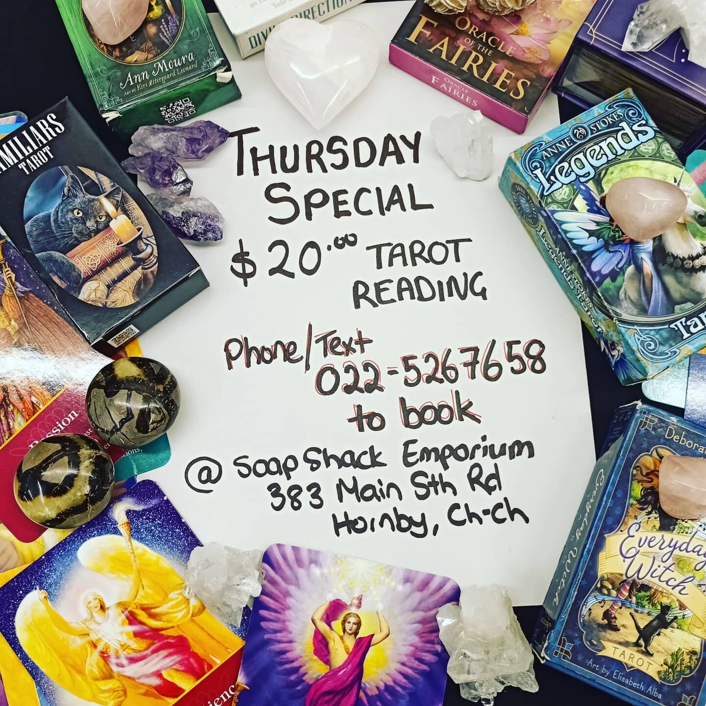 $20 Tarot readings 
Every Thursday through March with our extremely talented Sarah
Phone/text 022-5267658
To secure a booking 
@ Soap Shack Emporium
383 Main South Road
Hornby
Christchurch 

BLESSED BE 

#tarot #spoilyourself #shampoobars #balms #bes