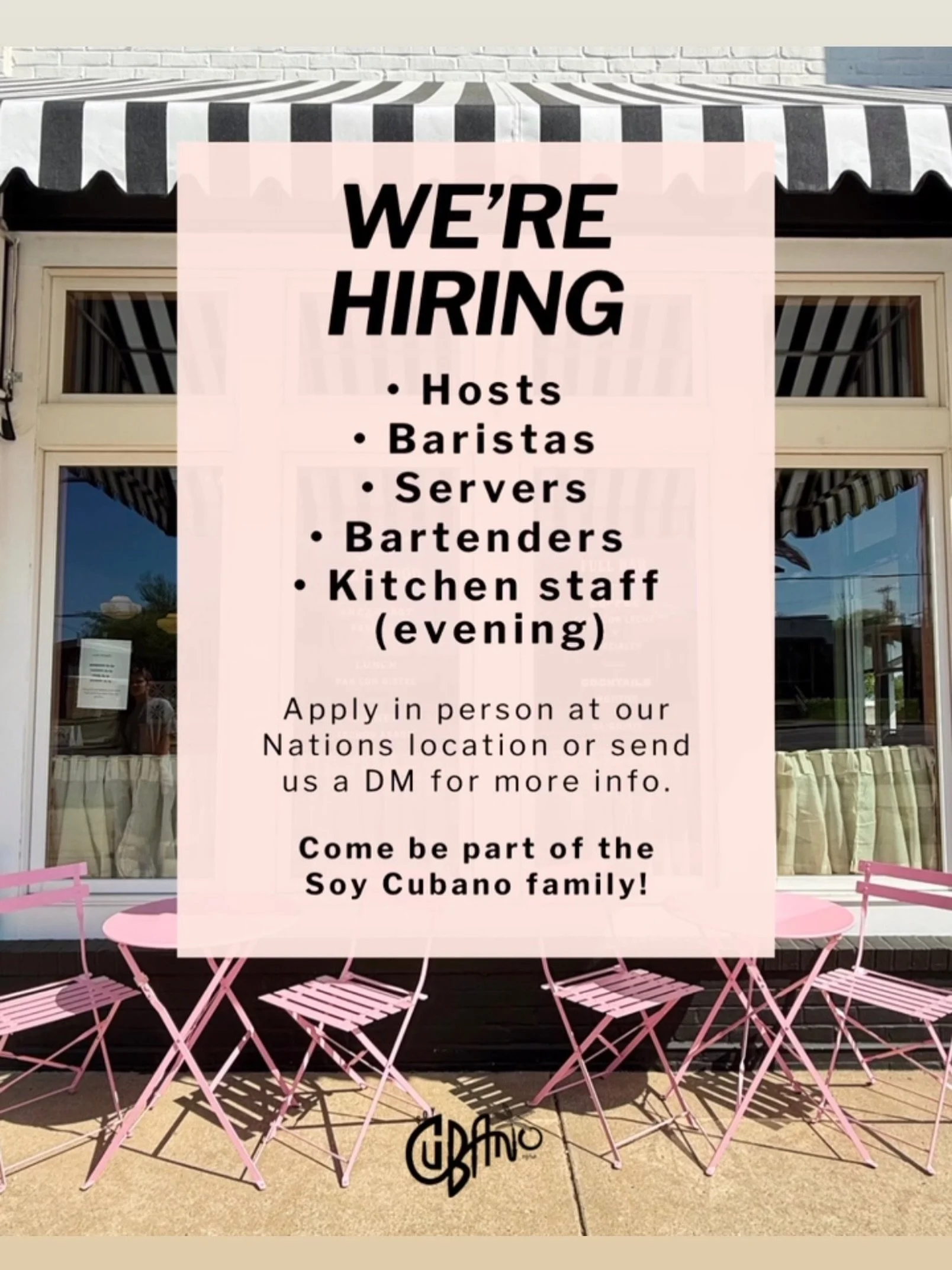 Thank you for all the love and support! As we continue to get busier, we&rsquo;re excited to grow our team.

We&rsquo;re currently hiring hosts, baristas, servers, bartenders and evening kitchen staff. Must be able to work weekends and Sundays 

Inte
