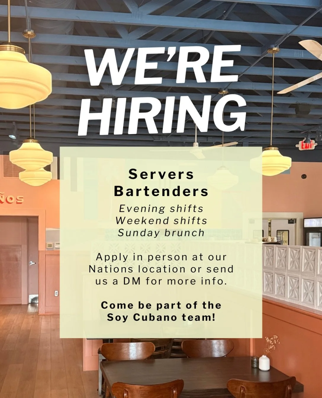 Hello! Yes, we&rsquo;d love to meet you. Please feel free to stop by our Nations/West Nashville location Tuesday through Friday between 2:00 PM and 6:00 PM to fill out an application and interview with us.

4500 Charlotte Ave.
Nashville, TN 37209